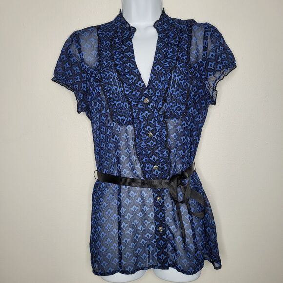 Vintage y2k maurices blue black career office siren emo ruffle sheer top size M - Picture 1 of 5